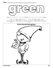 Free Christmas elf color green coloring page and color worksheet, green worksheet for preschoolers to learn colors, printable PDF