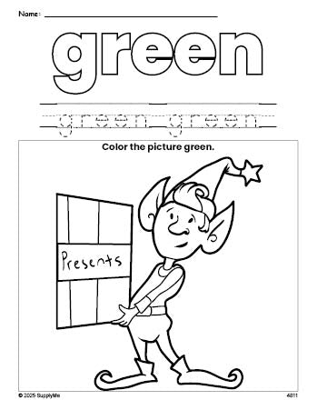 Free Christmas elf color green coloring page and color worksheet, green worksheet for preschoolers to learn colors, printable PDF