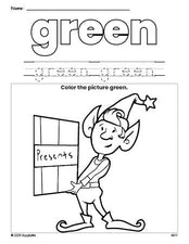 Free Christmas elf color green coloring page and color worksheet, green worksheet for preschoolers to learn colors, printable PDF