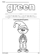 Free Christmas elf color green coloring page and color worksheet, green worksheet for preschoolers to learn colors, printable PDF