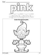 Free Christmas elf color pink coloring page and color worksheet, pink worksheet for preschoolers to learn colors, printable PDF