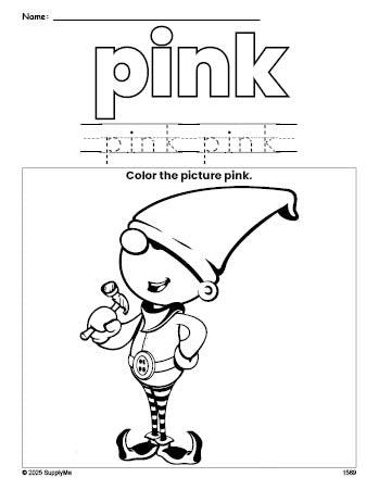 Free Christmas elf color pink coloring page and color worksheet, pink worksheet for preschoolers to learn colors, printable PDF