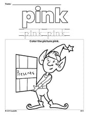 Free Christmas elf color pink coloring page and color worksheet, pink worksheet for preschoolers to learn colors, printable PDF