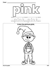 Free Christmas elf color pink coloring page and color worksheet, pink worksheet for preschoolers to learn colors, printable PDF