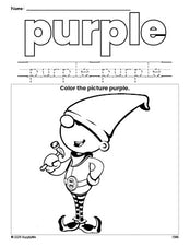 Free Christmas elf color purple coloring page and color worksheet, purple worksheet for preschoolers to learn colors, printable PDF