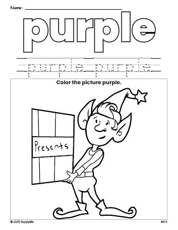 Free Christmas elf color purple coloring page and color worksheet, purple worksheet for preschoolers to learn colors, printable PDF