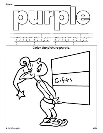 Free Christmas elf color purple coloring page and color worksheet, purple worksheet for preschoolers to learn colors, printable PDF