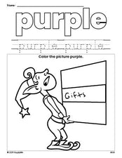 Free Christmas elf color purple coloring page and color worksheet, purple worksheet for preschoolers to learn colors, printable PDF