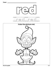 Free Christmas elf color red coloring page and color worksheet, red worksheet for preschoolers to learn colors, printable PDF