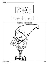 Free Christmas elf color red coloring page and color worksheet, red worksheet for preschoolers to learn colors, printable PDF