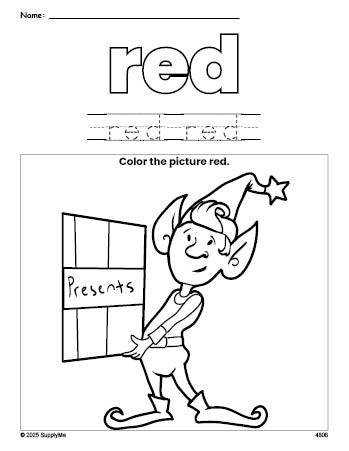 Free Christmas elf color red coloring page and color worksheet, red worksheet for preschoolers to learn colors, printable PDF