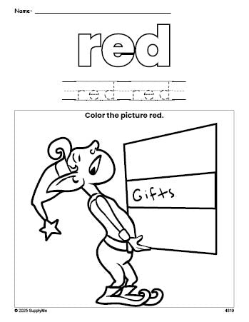 Free Christmas elf color red coloring page and color worksheet, red worksheet for preschoolers to learn colors, printable PDF