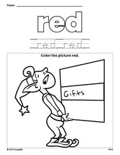 Free Christmas elf color red coloring page and color worksheet, red worksheet for preschoolers to learn colors, printable PDF