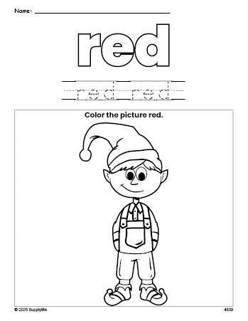 Free Christmas elf color red coloring page and color worksheet, red worksheet for preschoolers to learn colors, printable PDF