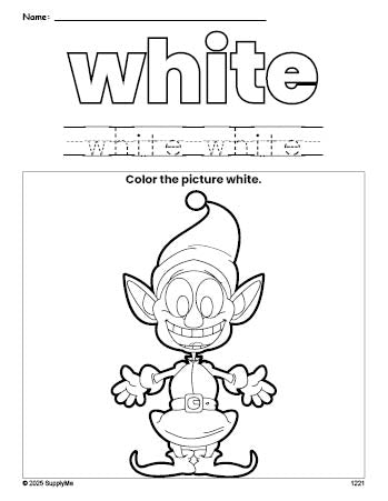 Free Christmas elf color white coloring page and color worksheet, white worksheet for preschoolers to learn colors, printable PDF