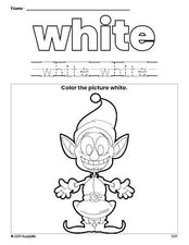 Free Christmas elf color white coloring page and color worksheet, white worksheet for preschoolers to learn colors, printable PDF