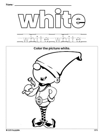 Free Christmas elf color white coloring page and color worksheet, white worksheet for preschoolers to learn colors, printable PDF