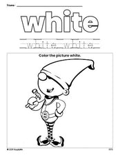 Free Christmas elf color white coloring page and color worksheet, white worksheet for preschoolers to learn colors, printable PDF