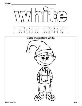 Free Christmas elf color white coloring page and color worksheet, white worksheet for preschoolers to learn colors, printable PDF