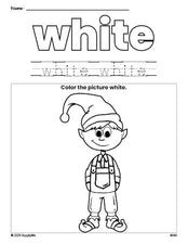 Free Christmas elf color white coloring page and color worksheet, white worksheet for preschoolers to learn colors, printable PDF