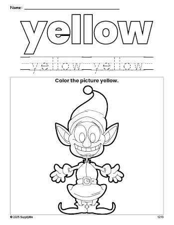 Free Christmas elf color yellow coloring page and color worksheet, yellow worksheet for preschoolers to learn colors, printable PDF