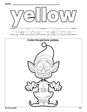 Free Christmas elf color yellow coloring page and color worksheet, yellow worksheet for preschoolers to learn colors, printable PDF