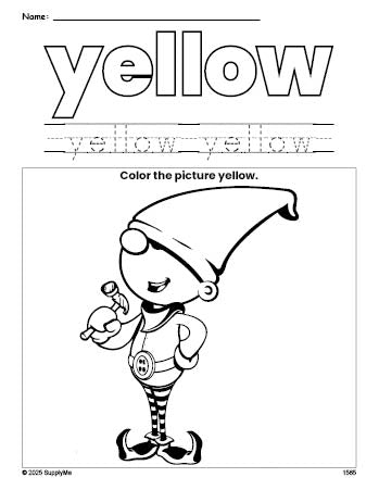 Free Christmas elf color yellow coloring page and color worksheet, yellow worksheet for preschoolers to learn colors, printable PDF