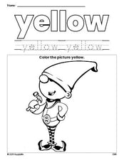 Free Christmas elf color yellow coloring page and color worksheet, yellow worksheet for preschoolers to learn colors, printable PDF