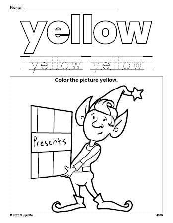 Free Christmas elf color yellow coloring page and color worksheet, yellow worksheet for preschoolers to learn colors, printable PDF