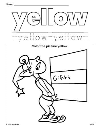 Free Christmas elf color yellow coloring page and color worksheet, yellow worksheet for preschoolers to learn colors, printable PDF