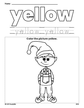 Free Christmas elf color yellow coloring page and color worksheet, yellow worksheet for preschoolers to learn colors, printable PDF