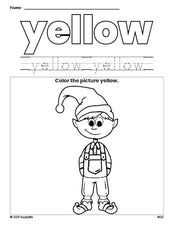 Free Christmas elf color yellow coloring page and color worksheet, yellow worksheet for preschoolers to learn colors, printable PDF