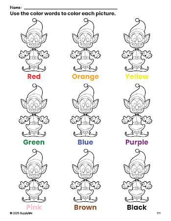 Free Christmas elf coloring page and color worksheet for preschoolers to learn colors, printable PDF