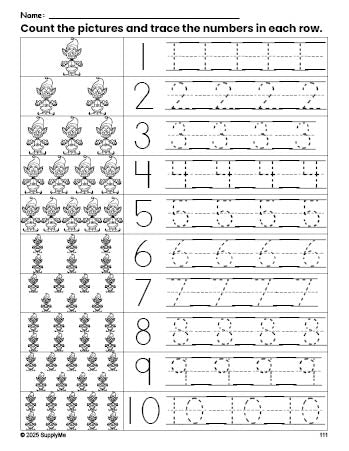 Free printable Christmas elf counting worksheet for preschool and pre-k with number tracing practice 1-10, PDF