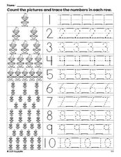 Free printable Christmas elf counting worksheet for preschool and pre-k with number tracing practice 1-10, PDF