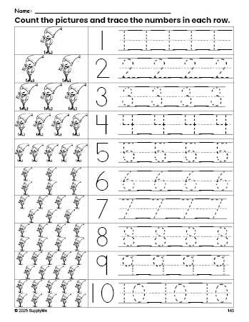 Free printable Christmas elf counting worksheet for preschool and pre-k with number tracing practice 1-10, PDF