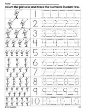 Free printable Christmas elf counting worksheet for preschool and pre-k with number tracing practice 1-10, PDF