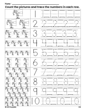 Free printable Christmas elf counting worksheet for preschool and pre-k with number tracing practice 1-10, PDF