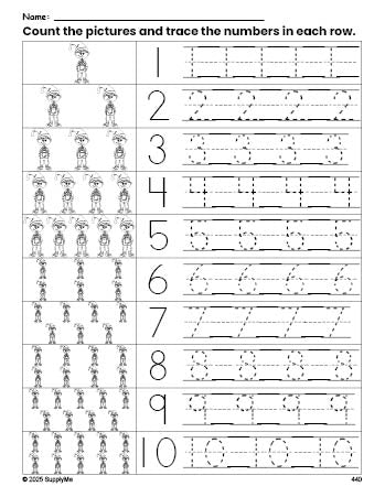 Free printable Christmas elf counting worksheet for preschool and pre-k with number tracing practice 1-10, PDF