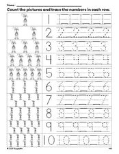 Free printable Christmas elf counting worksheet for preschool and pre-k with number tracing practice 1-10, PDF