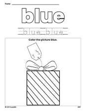 Free Christmas gift color blue coloring page and color worksheet, blue worksheet for preschoolers to learn colors, printable PDF