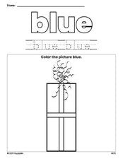 Free Christmas gift color blue coloring page and color worksheet, blue worksheet for preschoolers to learn colors, printable PDF