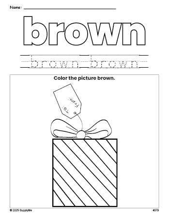 Free Christmas gift color brown coloring page and color worksheet, brown worksheet for preschoolers to learn colors, printable PDF