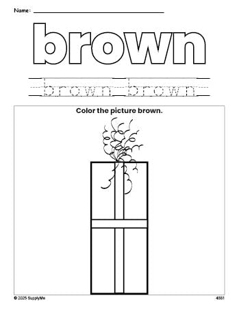 Free Christmas gift color brown coloring page and color worksheet, brown worksheet for preschoolers to learn colors, printable PDF