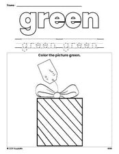 Free Christmas gift color green coloring page and color worksheet, green worksheet for preschoolers to learn colors, printable PDF