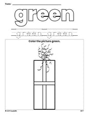 Free Christmas gift color green coloring page and color worksheet, green worksheet for preschoolers to learn colors, printable PDF