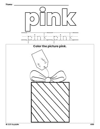 Free Christmas gift color pink coloring page and color worksheet, pink worksheet for preschoolers to learn colors, printable PDF