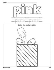 Free Christmas gift color pink coloring page and color worksheet, pink worksheet for preschoolers to learn colors, printable PDF