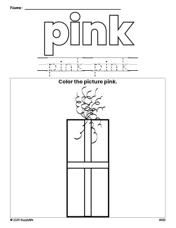 Free Christmas gift color pink coloring page and color worksheet, pink worksheet for preschoolers to learn colors, printable PDF