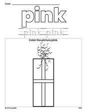 Free Christmas gift color pink coloring page and color worksheet, pink worksheet for preschoolers to learn colors, printable PDF